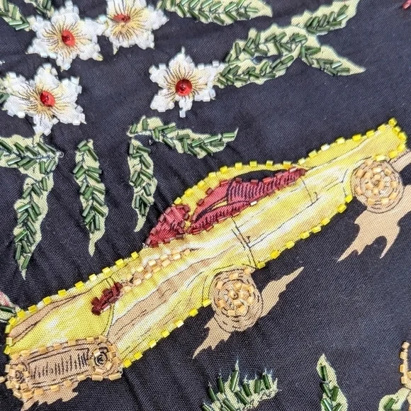 Vintage Hand Beaded Retro Cars Fringe Black Purse Boho Tote Bamboo Handle - Picture 3 of 13